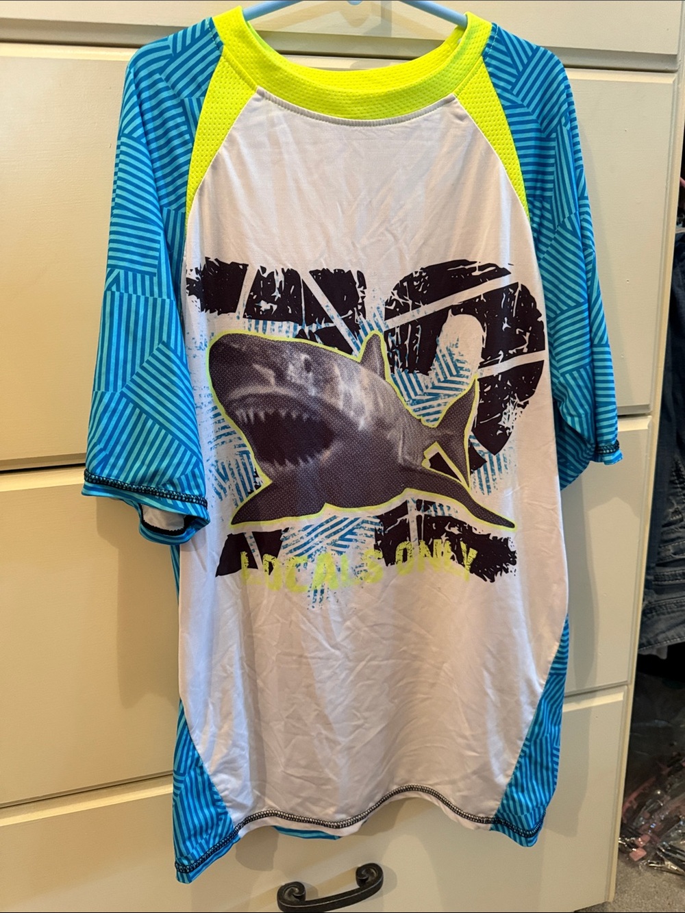 OP Shark Graphic Rash Guard - Blue, White & Neon Yellow size 14-16